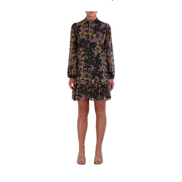BCBG Paris Womens XL Black Floral Sheered Long Sleeve Dress Spray Garden‎ NWT - Picture 1 of 4